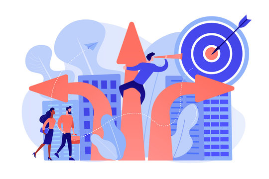 Business people and empolyee choosing new career direction arrow with target. Career change, alternative career, retraining for a new job concept. Pinkish coral bluevector isolated illustration