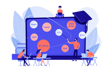 Script writing, software engineering. Coding workshop, code created workshop, online programming course, apps and games development class concept. Pinkish coral bluevector isolated illustration