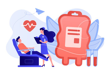 Nurse with donor sitting in medical chair and donating blood in donation bag. Blood donation, blood donor, hemolytic transfusion bank concept. Pinkish coral bluevector isolated illustration