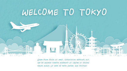 Travel poster with Welcome to Tokyo, Japan famous landmark in paper cut style vector illustration.