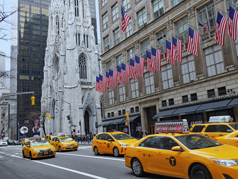 The huge main store of fashion chain Saks Fifth Avenue is located next to St. Patrick's Cathedral.
