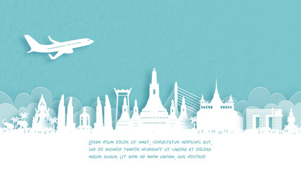 Fototapeta premium Travel poster with Welcome to Bangkok, Thailand famous landmark in paper cut style vector illustration.