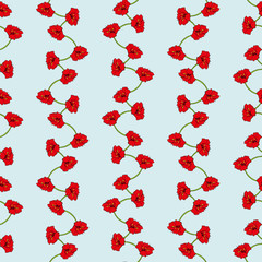 A seamless vector vertical stripes pattern with red flowers on a pale blue background. Surface print design.