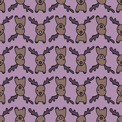 A seamless vector christmas pattern with group of reindeers on pink background. Surface print design.