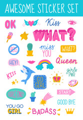 Awesome sticker collection in trendy hand drawn style. Vector eps10.