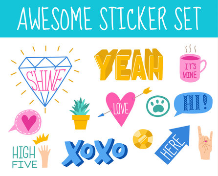 Awesome Sticker Collection In Trendy Hand Drawn Style. Vector Eps10.