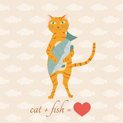 Adorable cat character holding big fish background. Vector eps10.