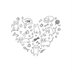 Cute kids pattern with adorable cats shaped in lovely heart. Vector eps10