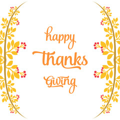 Banner text of thanksgiving, with drawing of beautiful leaf floral frame. Vector