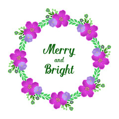 Collection of card merry and bright with ornate of purple flower frame. Vector