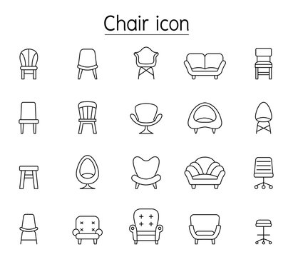 Front View Chair Icon Set In Thin Line Style