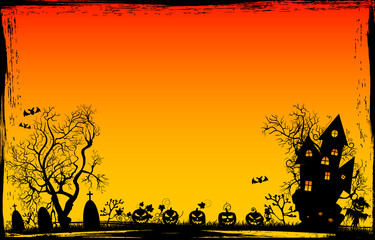 Grunge frame Halloween background. Halloween night. Pumpkins, castle, tree silhouettes, grass, scarecrow, cemetery on a sunset background. Halloween background