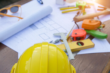 Architectural work site desk background construction project ideas concept, With drawing equipment.
