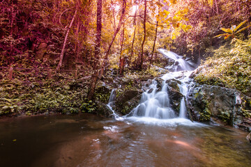 Natural blurred background of waterfalls, fast-flowing currents and water droplets from the wind blowing among the rocks and surrounded by big trees, spontaneous beauty