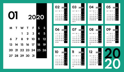 2020 black and white vertical office vector calendar