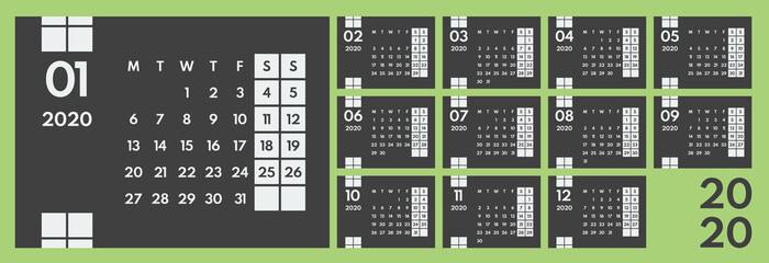 2020 dark gray horizontal office vector calendar