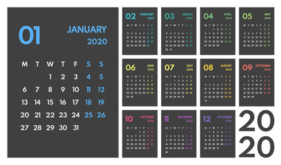 2020 simple vector 12 rainbow months calendar, starts monday, two weekend, dark background