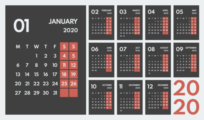 2020 simple vector 12 months calendar, starts monday, two weekend, dark background