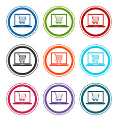 Online shopping cart laptop icon flat round buttons set illustration design