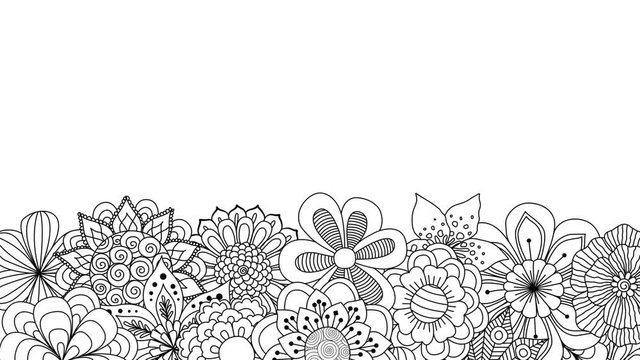 Hand drawn black and white flowers spinning frame on green screen for background