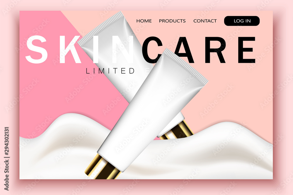 Wall mural vector 3d realistic cosmetic bottles, wave cream on pink site template with typographic background. 