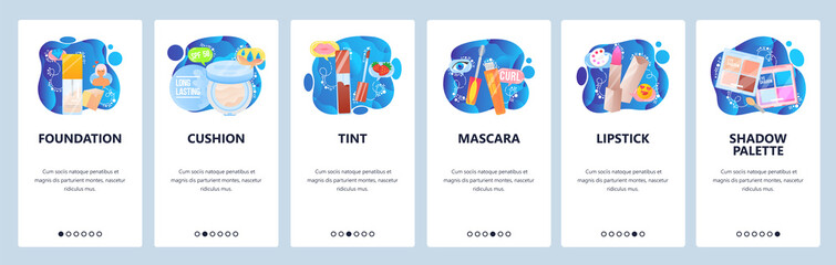 Makeup and cosmetics website and mobile app onboarding screens vector template