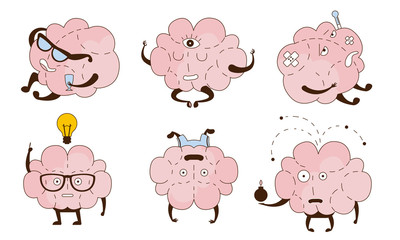Obraz premium Cartoon brain with different objects in the hands. Vector illustration.