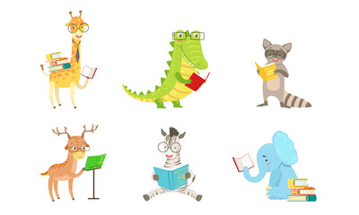 Cartoon humanized animals read books. Vector illustration.