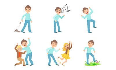 Types of bullying one boy against another. Vector illustration.