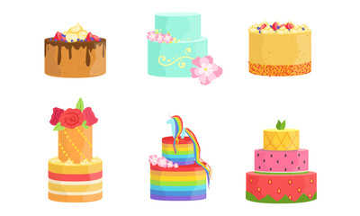 Set of cakes with colorful icing. Vector illustration.
