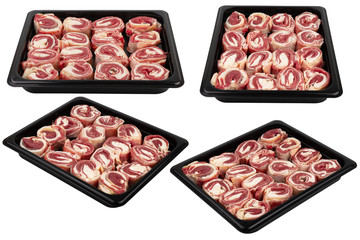 Fresh raw meat packed in plastic packaging. Ready for sale. White isolated.