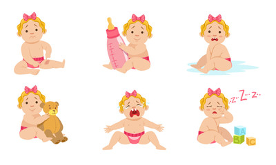 Little girl in a diaper is uncomfortable. Vector illustration.