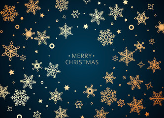 Fototapeta na wymiar Merry Christmas and Happy New Year holiday background greeting card in gold and blue colors