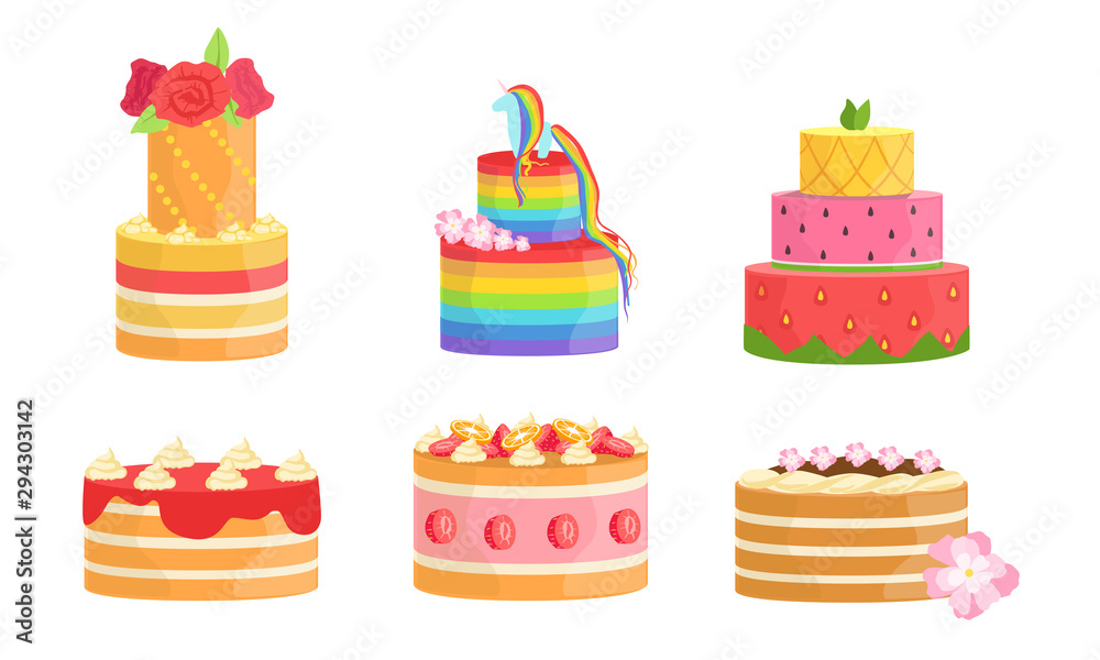 Wall mural Set of cakes with colorful icing and cream. Vector illustration.