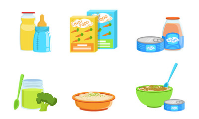 Set of various baby food. Vector illustration.