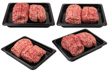 Raw minced meat in a black plastic container on a white isolated background. Ready for sale.