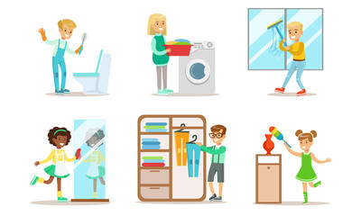 Cute Children Doing Housework Set, Boys and Girls Cleaning Windows, Folding Clothes, Loading Laundry to Washing Machine, Kids Helping Parents with Housekeeping Vector Illustration