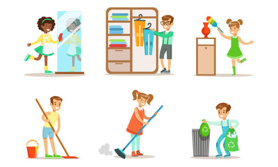 Cute Children Doing Housework Set, Boys and Girls Mopping and Sweeping Floor, Folding Clothes, Wiping Dust, Kids Helping Parents with Housekeeping Vector Illustration
