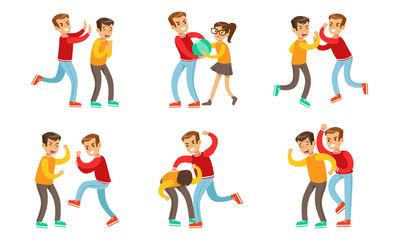 Teenage Boys Fighting and Quarreling Set, Aggressive Behavior at School, Aggressive Boy Bullying Weaker Classmate Vector Illustration