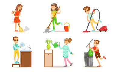 Cute Children Doing Housework Set, Boys and Girls Mopping, Sweeping and Vacuuming Floor, Washing Dish, Watering Plants, Kids Helping Parents with Housekeeping Vector Illustration