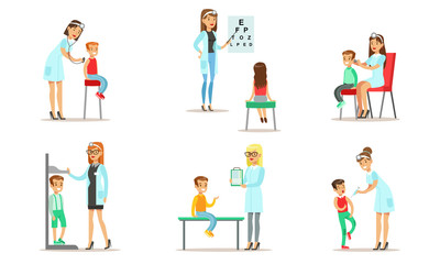 Doctor Doing Medical Examination and Vaccination of Kids Set, Boys and Girls Examining at Pediatrician, Ophthalmologist, Otolaryngologist Vector Illustration