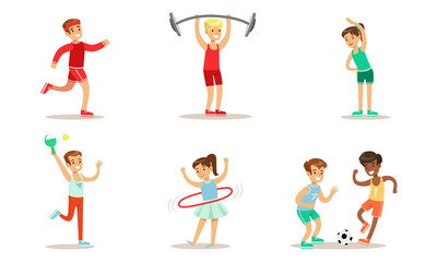 Fototapeta na wymiar Children Doing Different Kind of Sports Set, Teen Boys and Girls Playing Soccer, Table Tennis, Jogging, Exercising with Barbell, Twirling Hula Hoop Vector Illustration