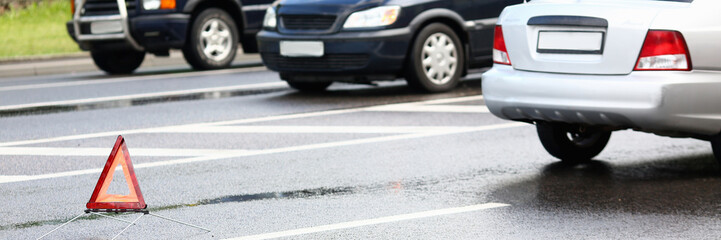 Accident of red and silver car after rain damage failure to keep distance safe distance