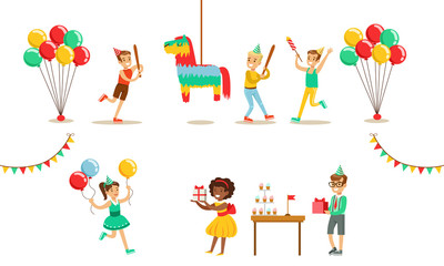 Kids Celebrating Birthday Set, Boy Going to Broke the Pinata, Boys nd Girls Having Fun at Birthday Party Vector Illustration