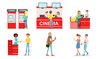 People Going to the Cinema or Movie Theatre Set, Men and Women Buying Tickets and Popcorn Vector Illustration