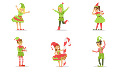 Children Dressed as Christmas Elves Set, Boys and Girls Wearing Bright Masquerade Costumes for Christmas Carnival Party Vector Illustration