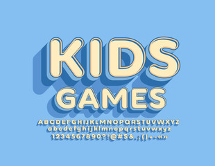 Obraz premium Vector cute emblem Kids Games with trendy Font. Blue and Yellow Alphabet Letters, Numbers and Symbols