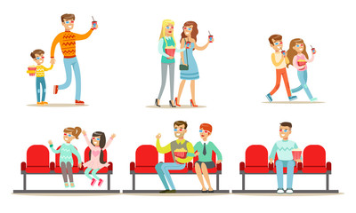 People in the Cinema Set, Men, Women and Kids Watching Movie in Cinema Theater in 3d Glasses Vector Illustration