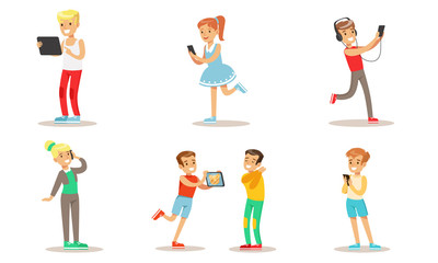 Children with Gadgets Set, Boys and Girls Using Smartphones, Pads, Listening Music Vector Illustration
