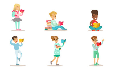 Naklejka premium Children Reading Books Set, Cheerful Boys and Girls Enjoying Literature Vector Illustration